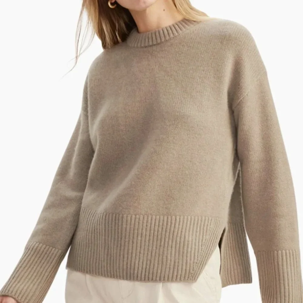 Naadam cashmere fisherman trim crew neck sweater taupe Sz m - Picture 9 of 11